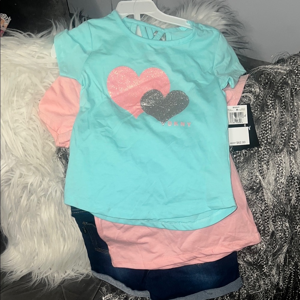 DKNY Kids Heart Graphic Tee - Blue and Pink